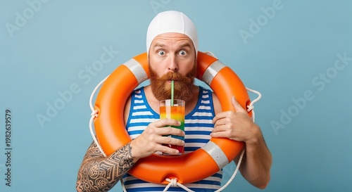 Man in swim cap and trunks drinks rainbow cocktail with life preserver against blue background