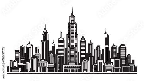 Black and white illustration of a city skyline with tall buildings and skyscrapers isolated on white background