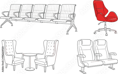 Airport and office seating furniture vector set including waiting bench, lounge chairs with table, cinema seats and modern red swivel office chair