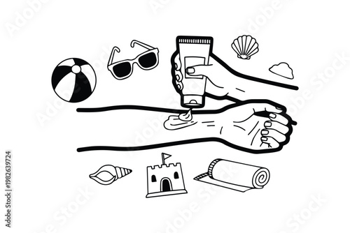 Summer Beach Essentials Kit with Sunscreen Hat Sunglasses and Accessories Line Art Illustration, Ideal for Travel Content, Seasonal Promotion, and Vacation Design