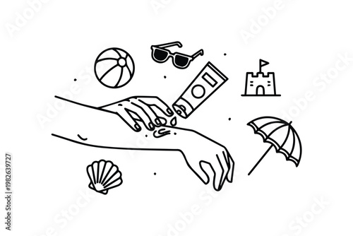 Summer Beach Essentials Kit with Sunscreen Hat Sunglasses and Accessories Line Art Illustration, Ideal for Travel Content, Seasonal Promotion, and Vacation Design