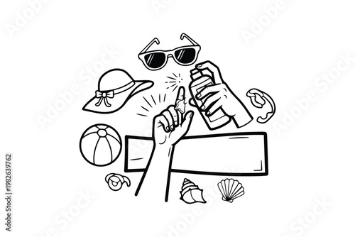 Summer Beach Essentials Kit with Sunscreen Hat Sunglasses and Accessories Line Art Illustration, Ideal for Travel Content, Seasonal Promotion, and Vacation Design