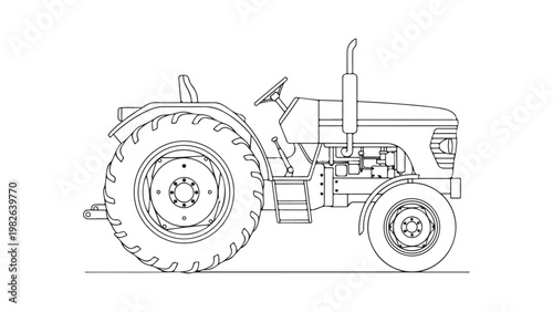 A line drawing of a tractor on a white background with large wheels and a steering wheel