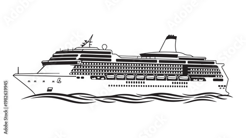 A black and white line drawing of a large cruise ship sailing on the ocean isolated on white background