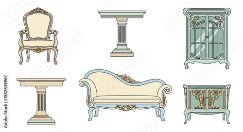 Collection of Antique Furniture Pieces Isolated on White Background.