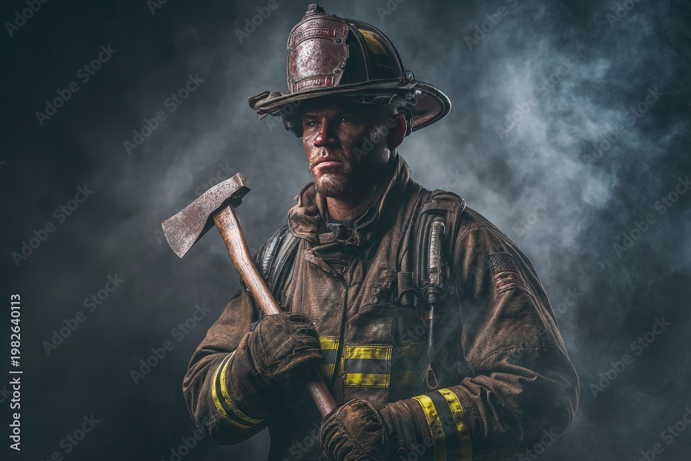 Fototapeta premium Stoic firefighter in protective gear, holding axe amidst smoky haze