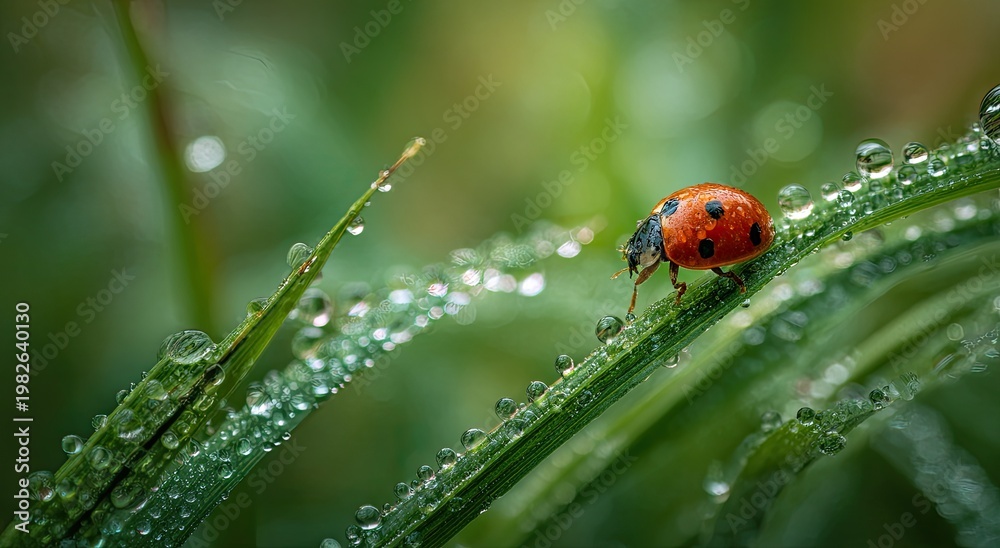 Obraz premium Tiny red beetle with black spots navigates glistening dewdrops on green grass