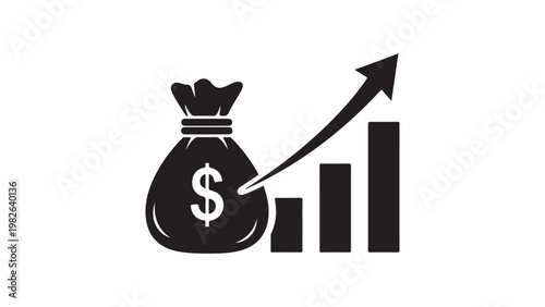 A black and white icon depicting a money bag with a dollar sign and a bar graph with an upward arrow, symbolizing financial growth and profit increase