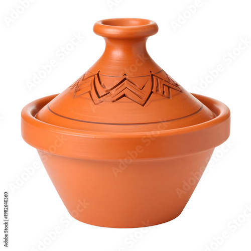 Traditional Terracotta Tagine Pot with Lid Isolated on White Background, Moroccan Cooking Vessel for Slow Cooking and Stews, Ceramic Food Pot for Ethnic Cuisine