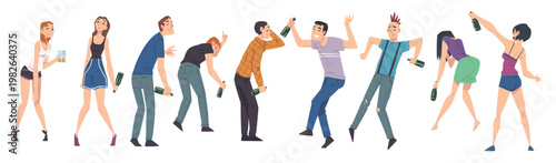 drunk people set men and women with alcohol drinks in their