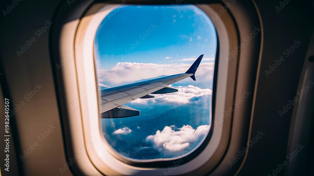 Naklejka premium Airplane wing seen through window above clouds travel aviation concept 