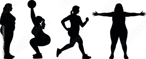 Silhouettes of plus size women fitness transformation, before and after exercise poses showing strength, health, confidence, and active lifestyle