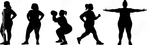 Silhouettes of plus size women exercising, body positive fitness poses showing strength, confidence, and healthy lifestyle isolated on white background