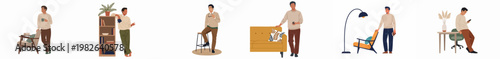 Flat illustration collection of a man in various domestic and professional scenarios, including relaxing, reading, and working at home.