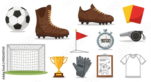 Collection of soccer equipment and accessories for the game.