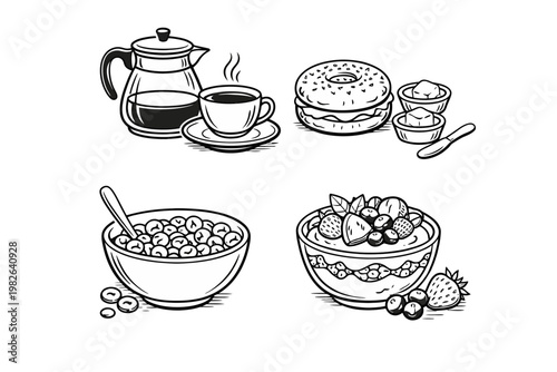 Line art breakfast menu set. Coffee pot and cup, bagel, cereal in bowl, healthy yogurt with berries and fruit. Morning food vector design