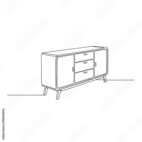 Mid-century sideboard cabinet line drawing on minimalist gray background