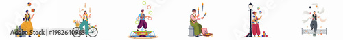 Collection of diverse buskers and street performers juggling various items like balls, rings, clubs, and fire in a flat illustration style.