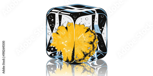 Digital illustration of a fresh yellow pineapple piece frozen inside a clear ice cube with bubbles and a smooth reflection pineapple tropical refreshment isolated illustration reflection
