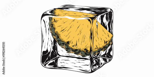 Fresh pineapple slice frozen in a clear ice cube vector illustration with pineapple tropical refreshing isolated illustration transparent background freshness nutrition vitamins