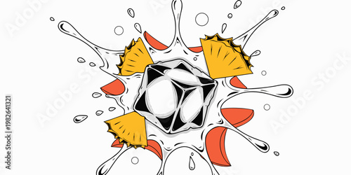 Illustration of pineapple slices splashing in fresh water with a clear ice cube summer time pineapple refreshment tropical illustration abstract cocktail beverage background creative