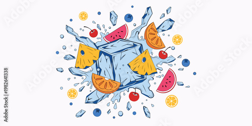 Abstract digital graphic of assorted fresh fruits like pineapple watermelon and orange splashing with ice summer time pineapple watermelon blueberries refreshing cocktail illustration
