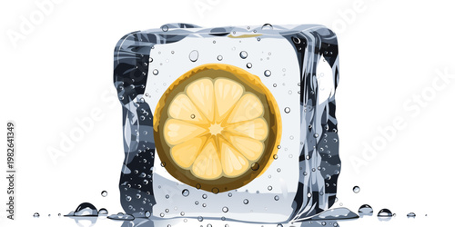 Lemon slice frozen inside a realistic ice cube with water droplets and bubbles food and drink vitamin c white background refreshment hydration beverage drink concept vitamin c quenching