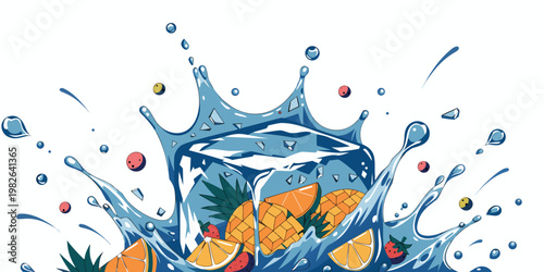 Fresh pineapple and orange slices emerging from a blue water splash around a large ice cube with summer time pineapple refreshing cocktail tropical illustration beverage abstract