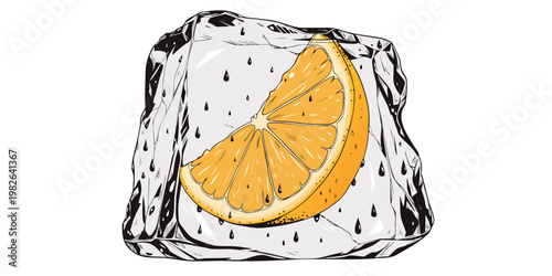 Orange slice encased in a block of ice with dripping water and condensation food and drink vitamin c white background condensation refreshment hydration beverage drink concept vitamin