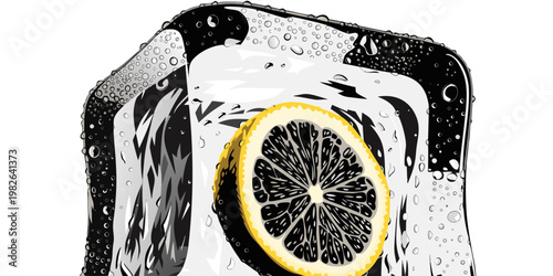 Close-up of a lemon slice on a block of ice with water droplets vitamin c food and drink refreshing vitamin c ingredients beverage illustration refreshment nutrition