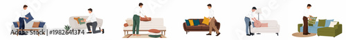 Set of illustrations showing a man decorating various modern living room sofas with colorful cushions and pillows for a stylish home interior.