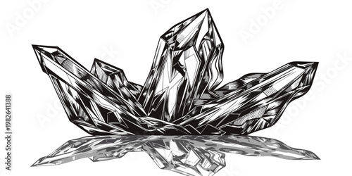 Sharp black and white illustration of a cluster of crystals with formation gemstone sparkling illustration monochrome geometric abstract collection precious valuable reflection