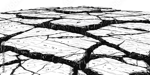 Perspective view of a dry cracked earth landscape rendered as a detailed black and white graphic illustration with landscape perspective monochrome illustration fracture environment