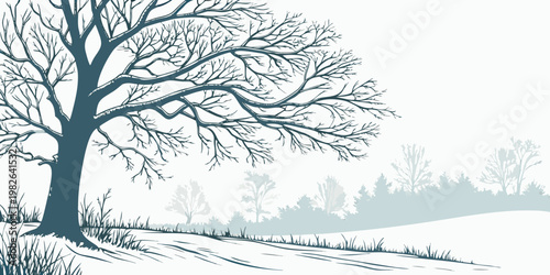 Winter landscape with a large bare tree in the foreground landscape branches seasonal illustration minimalist environment woodland monochrome tranquil background outdoors countryside