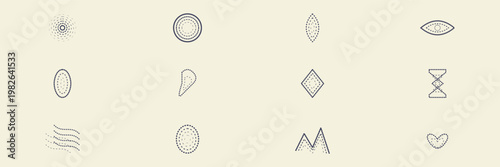 Hand-drawn collection of vintage engraving style stippled line halftone geometric shapes set on cream illustration
