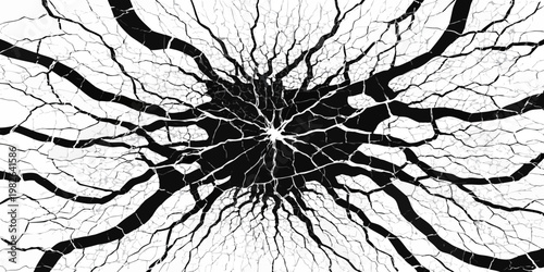 Abstract background of radial shattered glass pattern in black and white with shattered fracture abstract monochrome explosion destructive artistic backdrop geometry structure fragment