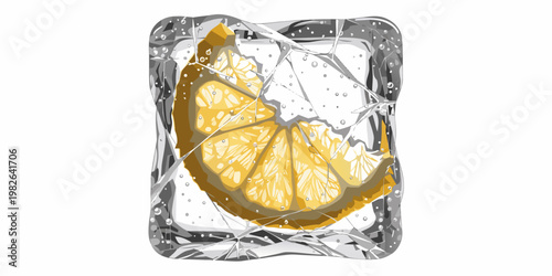 Stylized illustration of lemon wedge inside fractured ice block with refreshing fracture beverage cocktail transparent ingredient illustration hydration refreshment isolated background