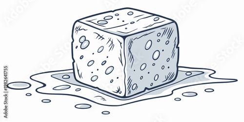 Drawn illustration of a single melting ice cube with water puddle illustration isolated background temperature