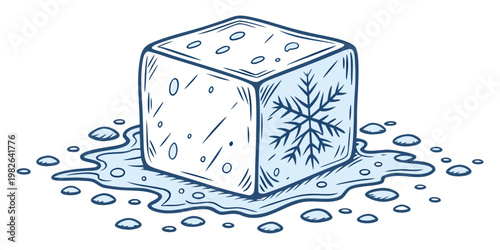 Hand drawn illustration of a melting ice cube with a snowflake symbol snowflake illustration refreshing wintertime isolated transparent seasonal abstract climatology chilling creative