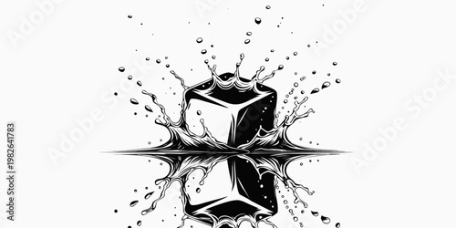 Black and white graphic of an ice cube falling into water with dynamic splash illustration monochrome isolated refreshing transparent dramatic movement abstract beverage coldness
