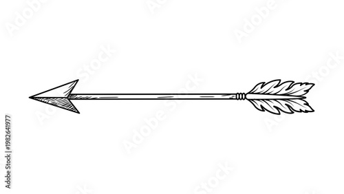 Hand-drawn feathered arrow vector icon with editable stroke. Minimalist black line illustration of a traditional archery arrow with triangular head and fletching, isolated on white background for