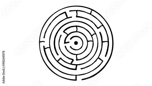 Minimalist circular labyrinth maze vector icon illustration featuring a hand-drawn black line outline on a clean white background. Scalable graphic representing strategy, challenge, and complexity.