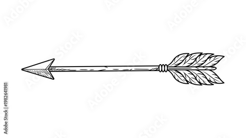 Hand-drawn feathered arrow vector icon illustration. Minimalist black line art sketch of a vintage archery arrow with fletching and arrowhead, isolated on white background for graphic design.