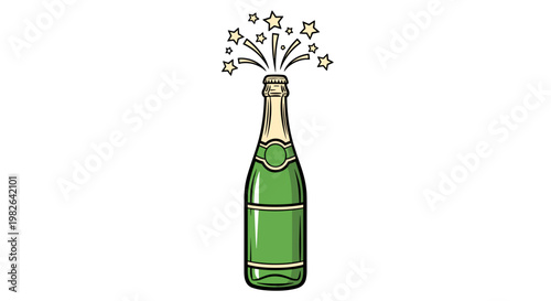 Illustration of a green bottle of sparkling cider with stars bursting from the top, set against a minimalist white background