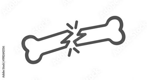Simple line illustration of a fractured bone with radiating lines indicating damage, set against a white background, emphasizing medical imagery, ray