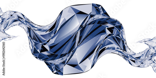Abstract flowing wave of blue geometric glass shards on white background with geometric abstract crystalline transparent refraction fragmented structure floating movement prismatic