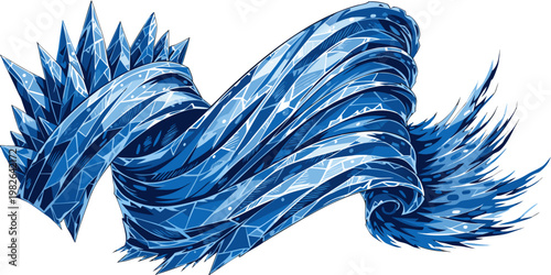 Abstract flowing scroll of shattered blue crystal and jagged glass shards with abstract shattered geometric formation refraction transparent movement structure prismatic background