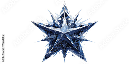 Five-pointed star made of fractured dark blue crystalline glass shards with fractured geometric refraction transparent structure prismatic background reflection splinter backdrop