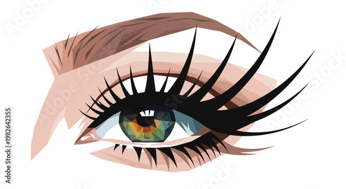 Stylized illustration of a womans eye with long, dramatic false eyelashes and vibrant green iris on a white background