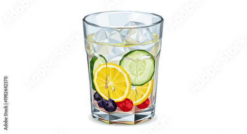 Refreshing detox water in a clear glass with sliced lemon, cucumber, and assorted berries on a white background